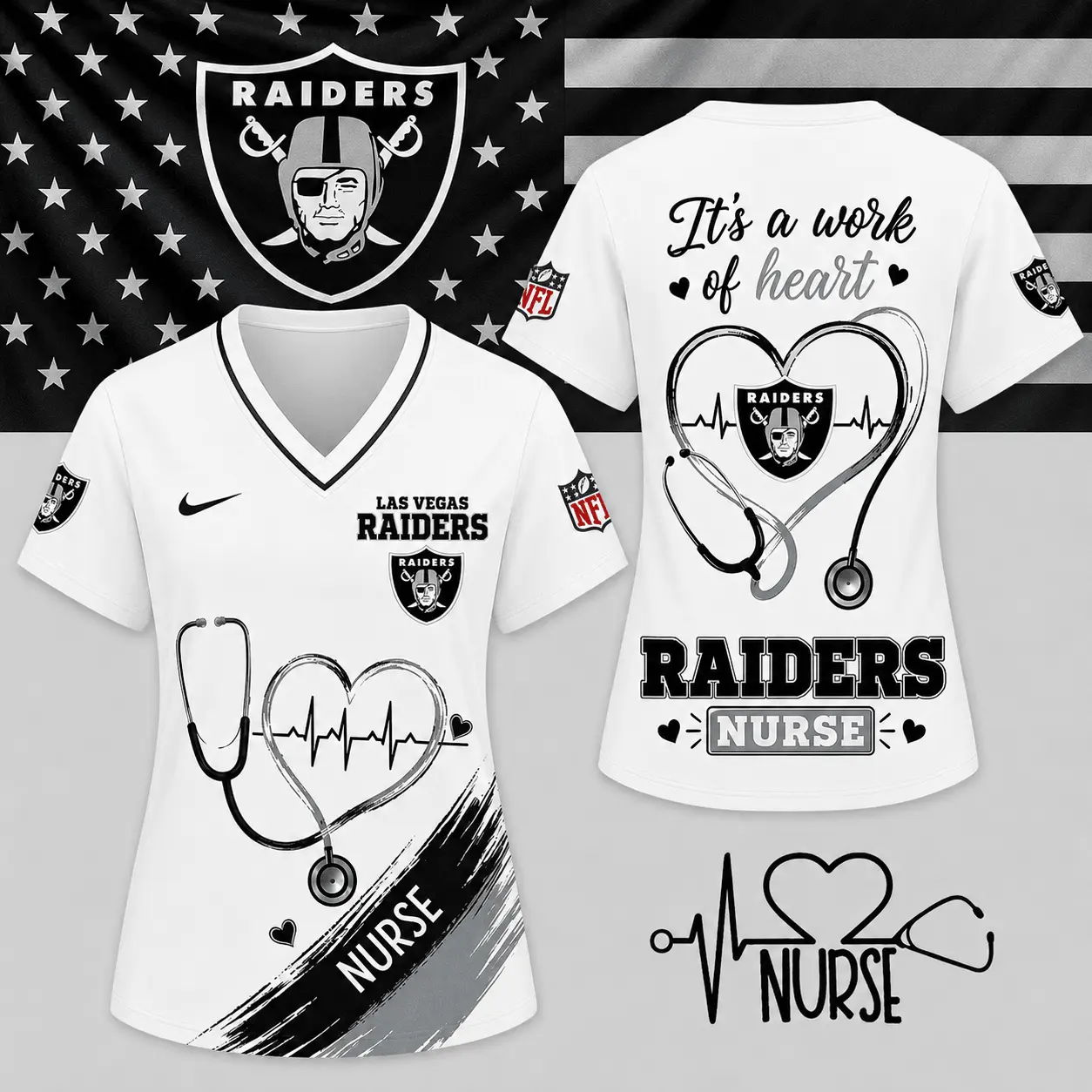 Las Vegas Raiders | Premium NFL Nurse Work of Heart V-Neck Shirt NY