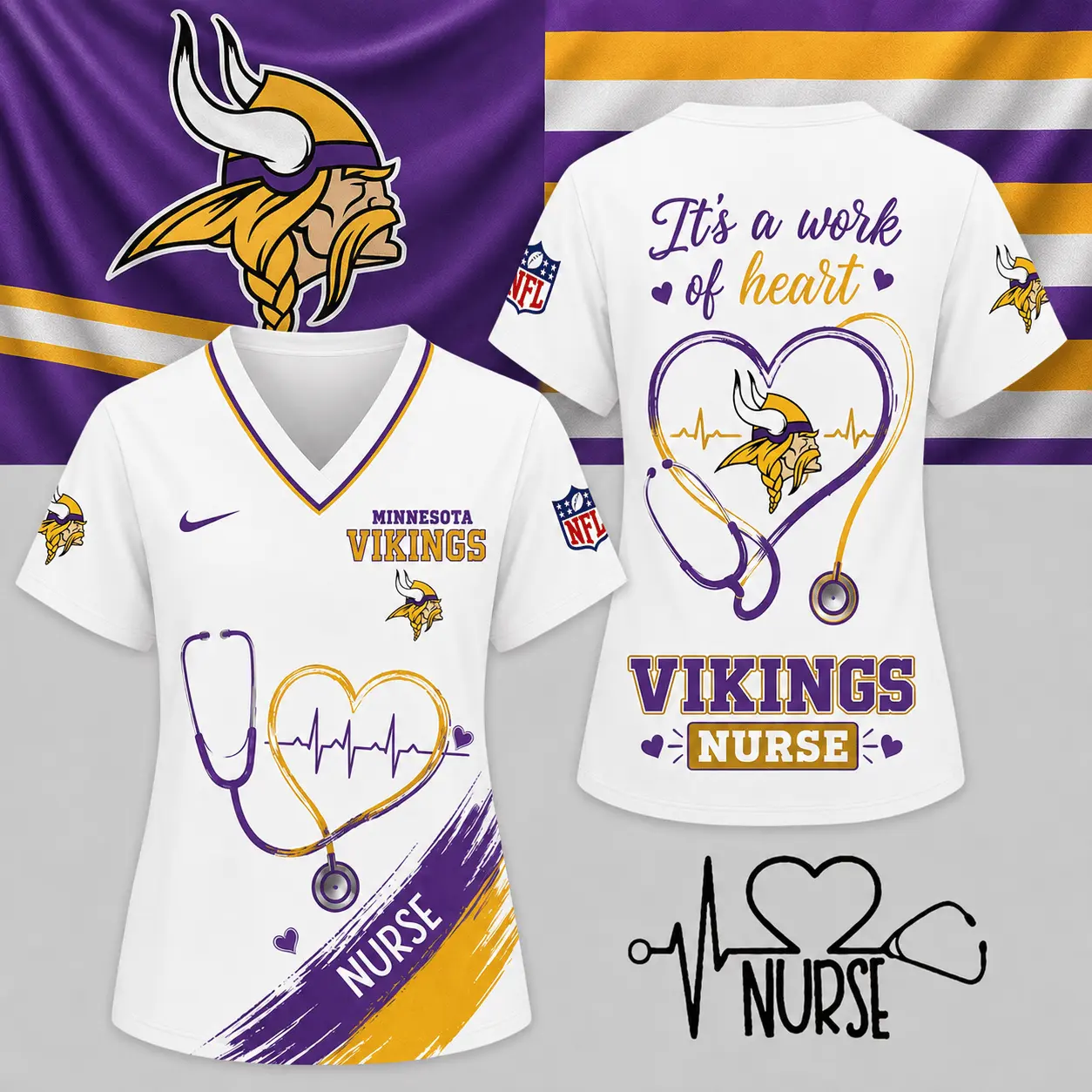 Minnesota Vikings | Premium NFL Nurse Work of Heart V-Neck Shirt NY