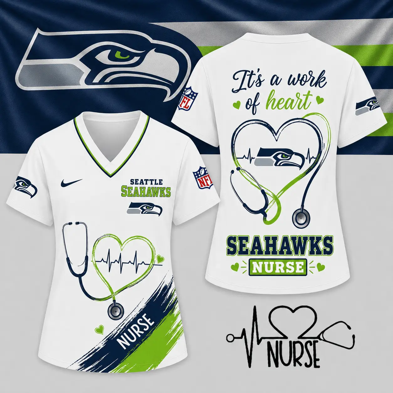 Seattle Seahawks | Premium NFL Nurse Work of Heart V-Neck Shirt NY