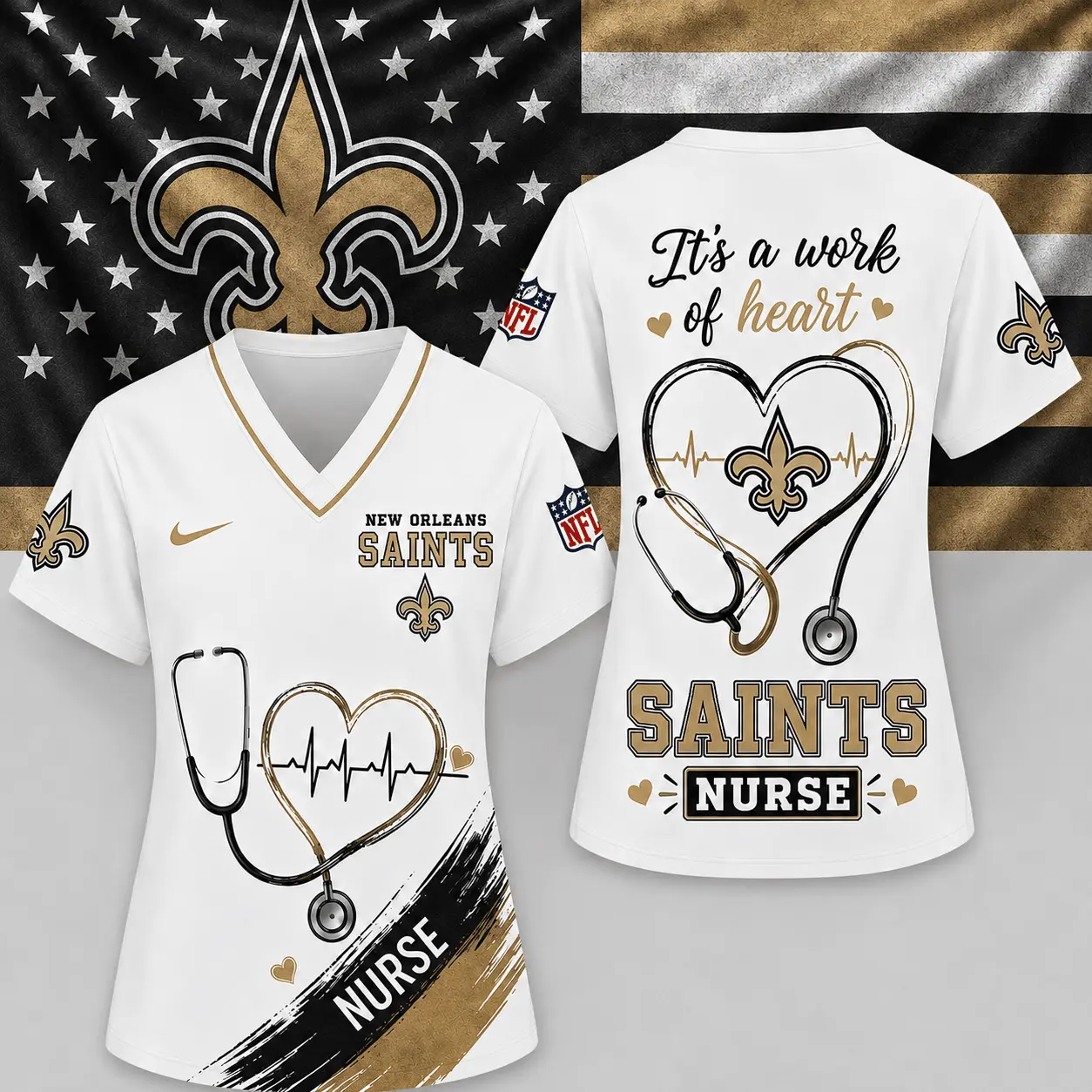 New Orleans Saints | Premium NFL Nurse Work of Heart V-Neck Shirt NY