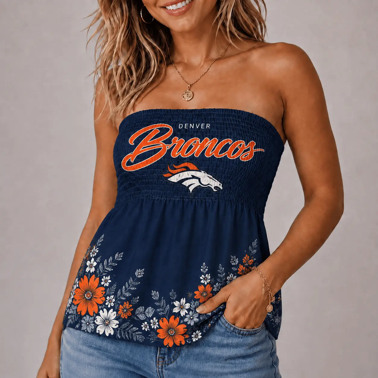 Denver Broncos | Premium NFL Floral Strapless Top Long Sleeveless NY