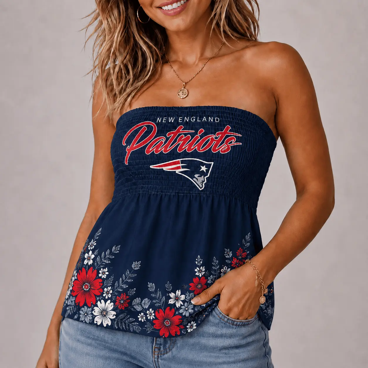New England Patriots | Premium NFL Floral Strapless Top Long Sleeveless NY