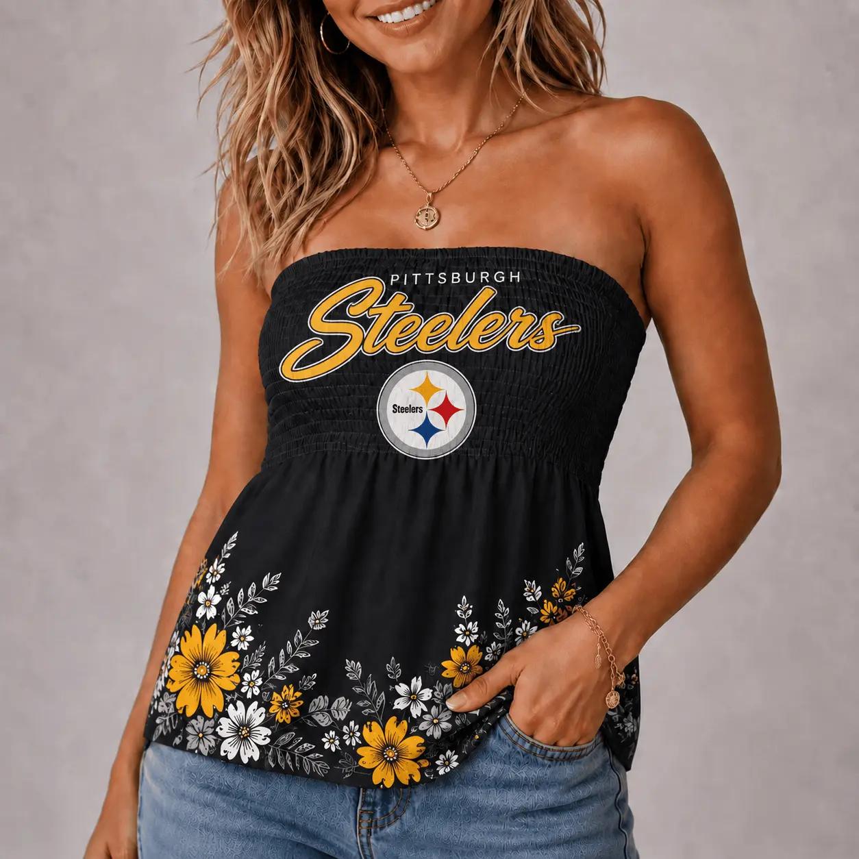 Pittsburgh Steelers | Premium NFL Floral Strapless Top Long Sleeveless NY