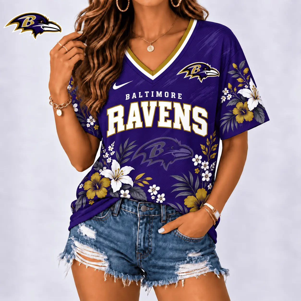 Baltimore Ravens | Premium NFL Floral Spirit Game Ready V-Neck Shirt NY