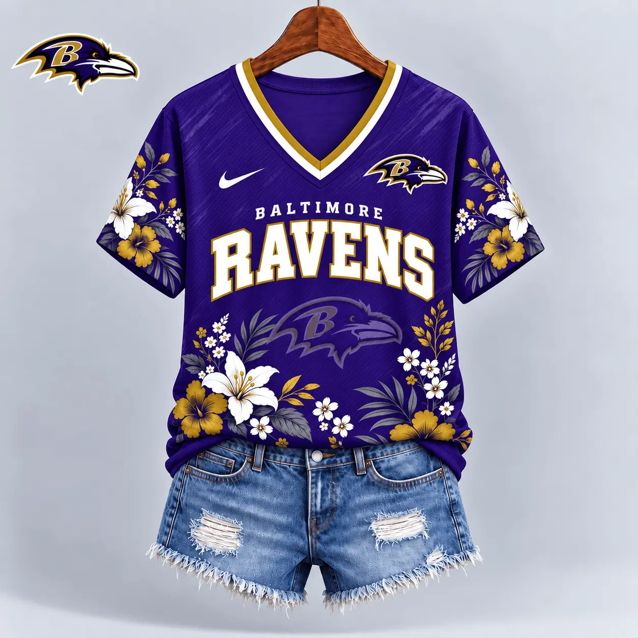 Baltimore Ravens | Premium NFL Floral Spirit Game Ready V-Neck Shirt NY - Image 2