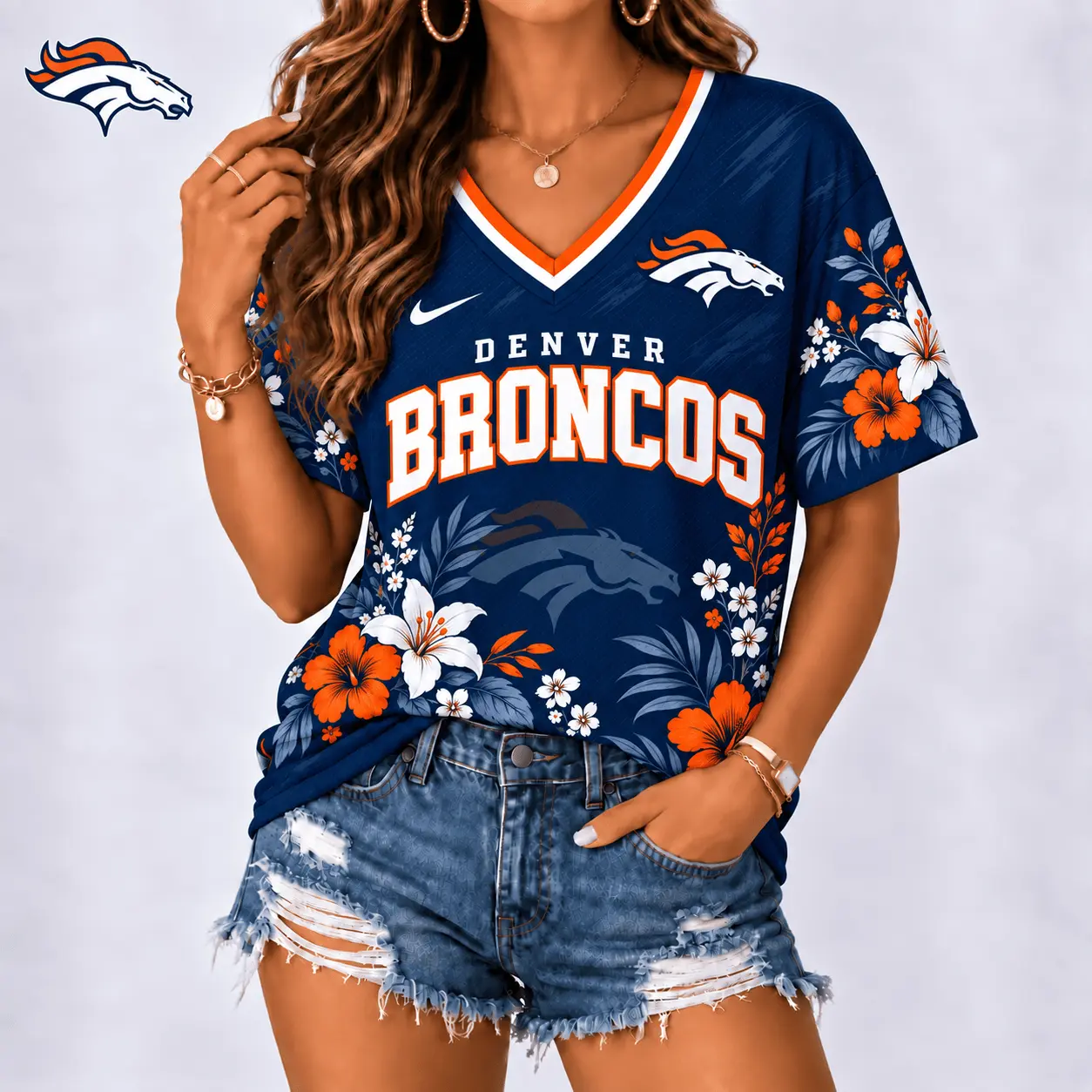 Denver Broncos | Premium NFL Floral Spirit Game Ready V-Neck Shirt NY