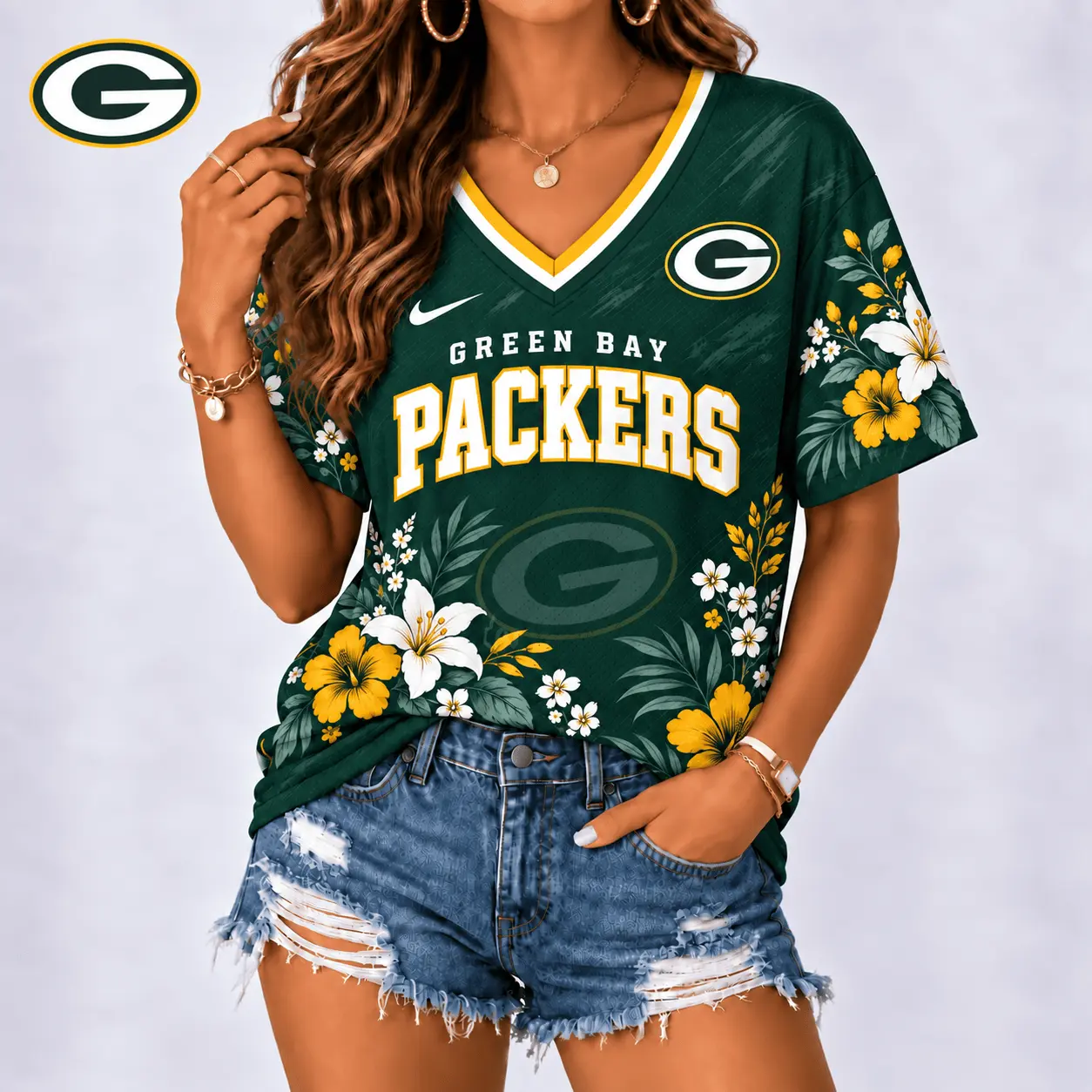 Green Bay Packers | Premium NFL Floral Spirit Game Ready V-Neck Shirt NY