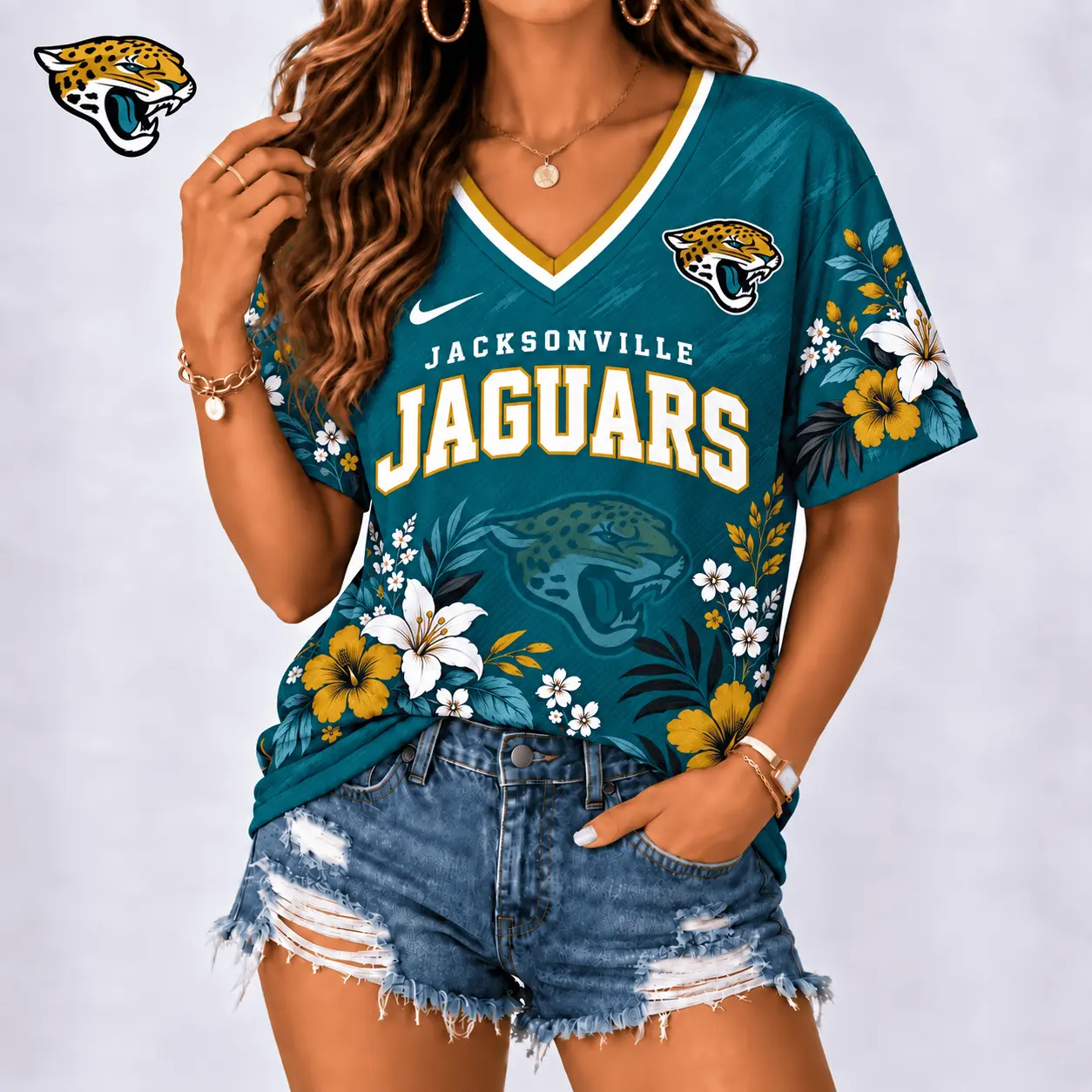 Jacksonville Jaguars | Premium NFL Floral Spirit Game Ready V-Neck Shirt NY