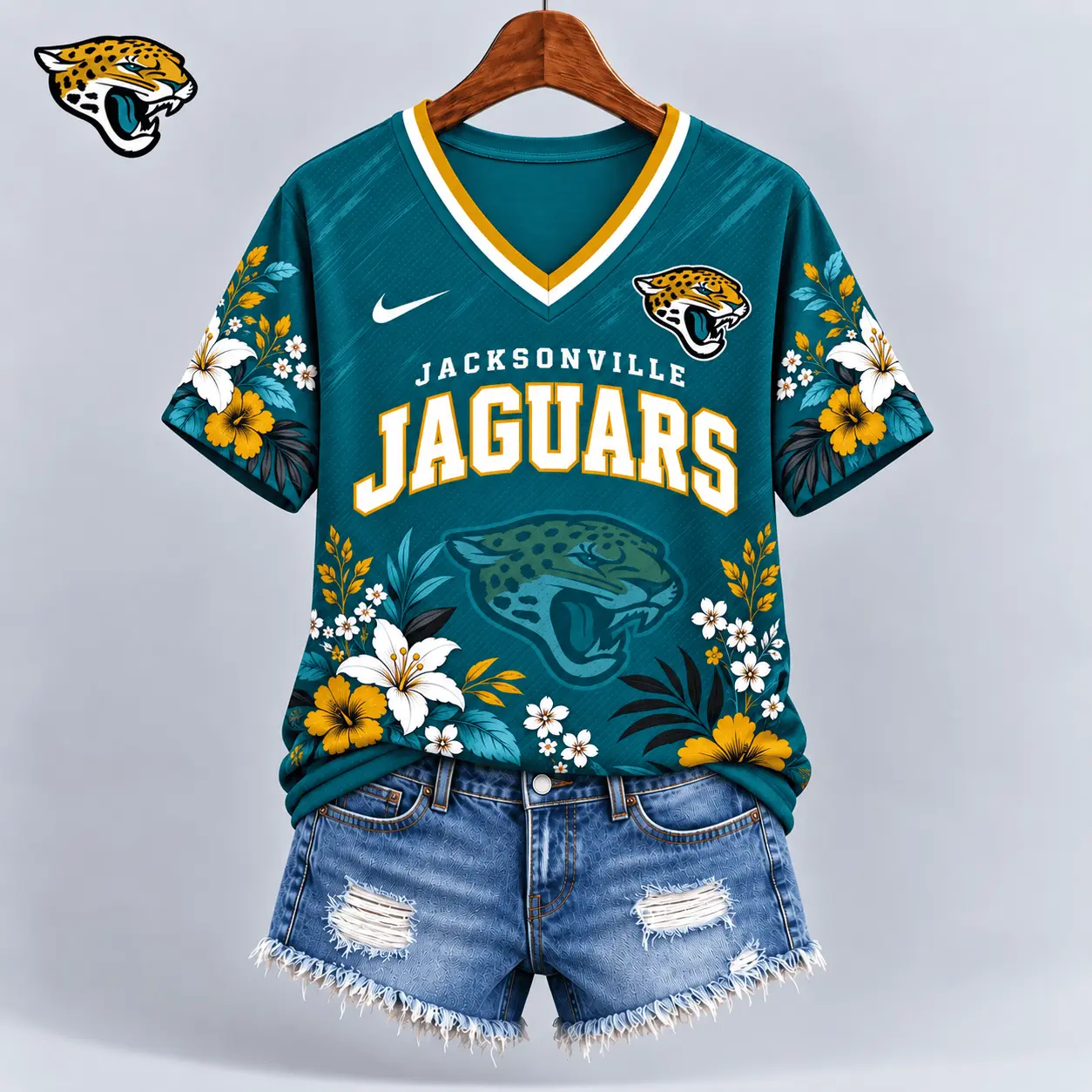 Jacksonville Jaguars | Premium NFL Floral Spirit Game Ready V-Neck Shirt NY - Image 2