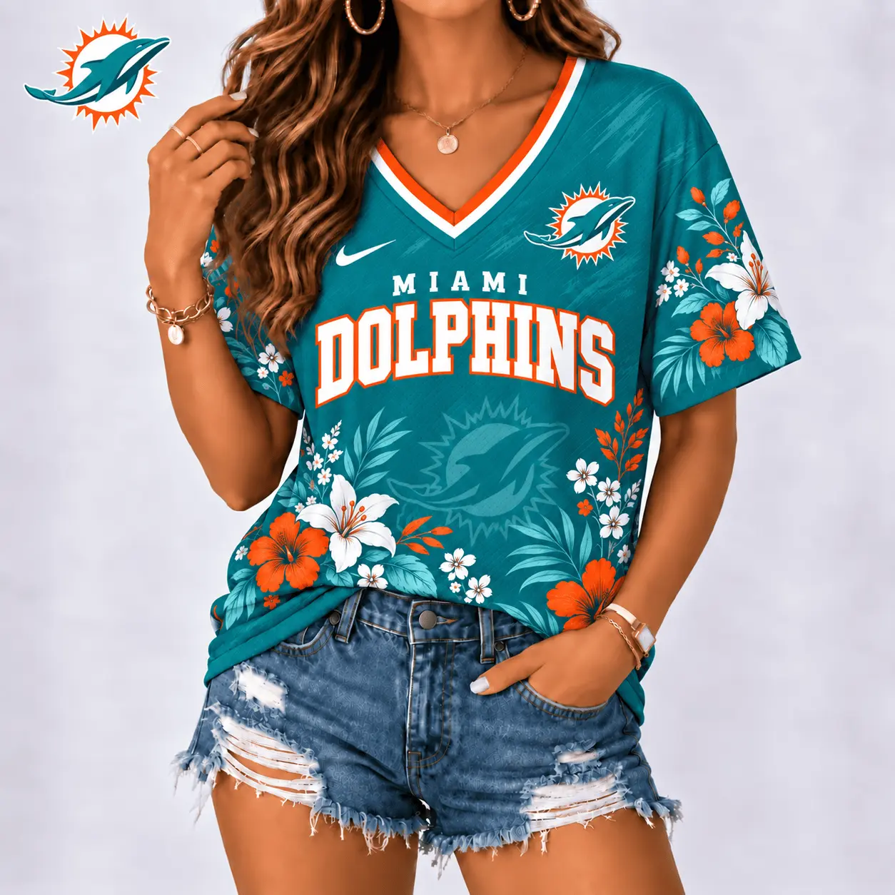Miami Dolphins | Premium NFL Floral Spirit Game Ready V-Neck Shirt NY