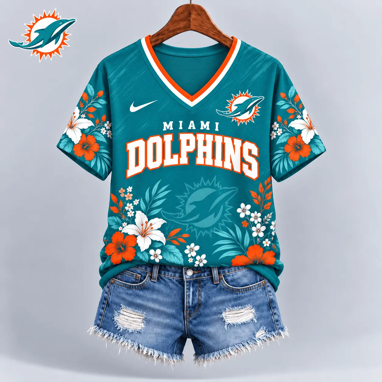 Miami Dolphins | Premium NFL Floral Spirit Game Ready V-Neck Shirt NY - Image 2