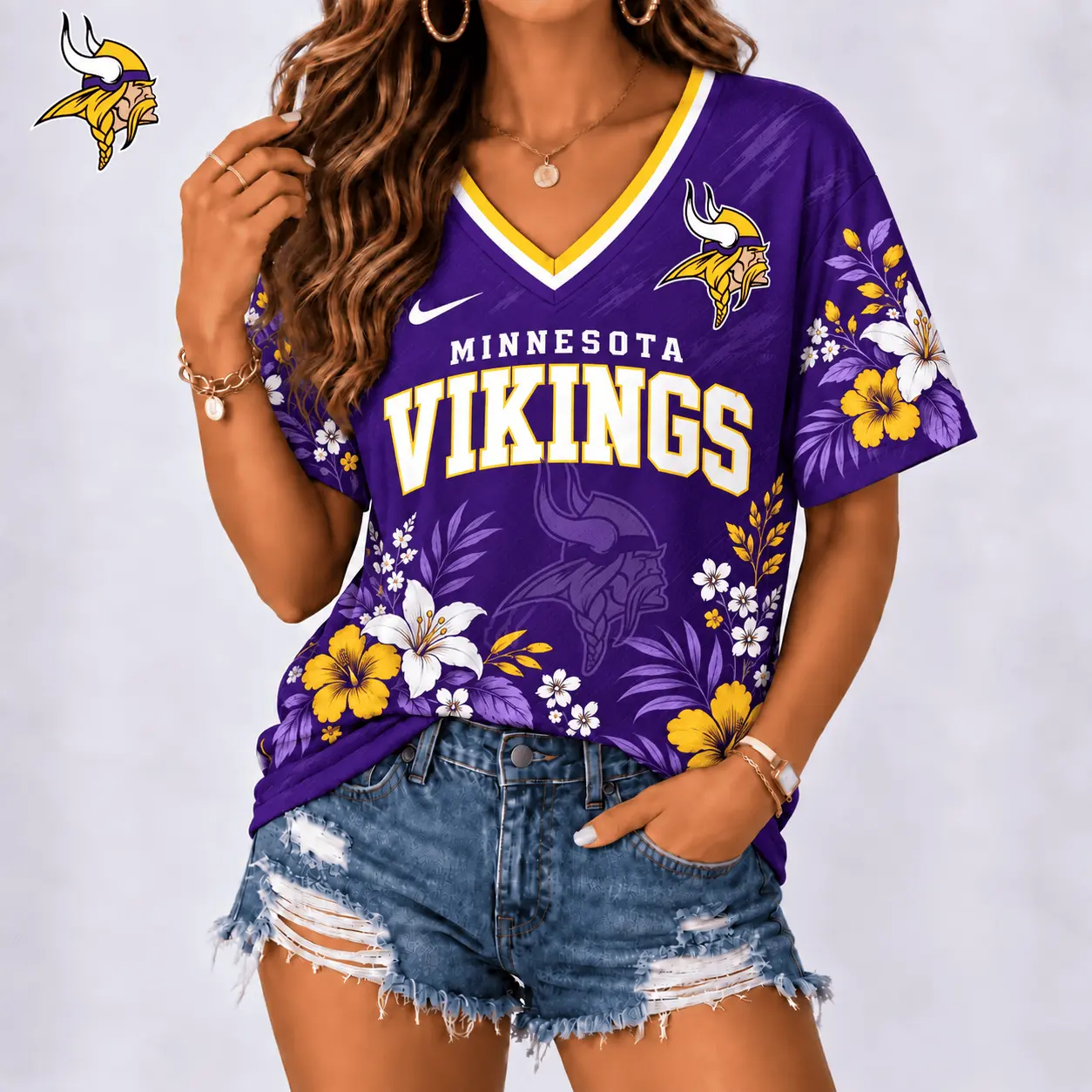 Minnesota Vikings | Premium NFL Floral Spirit Game Ready V-Neck Shirt NY