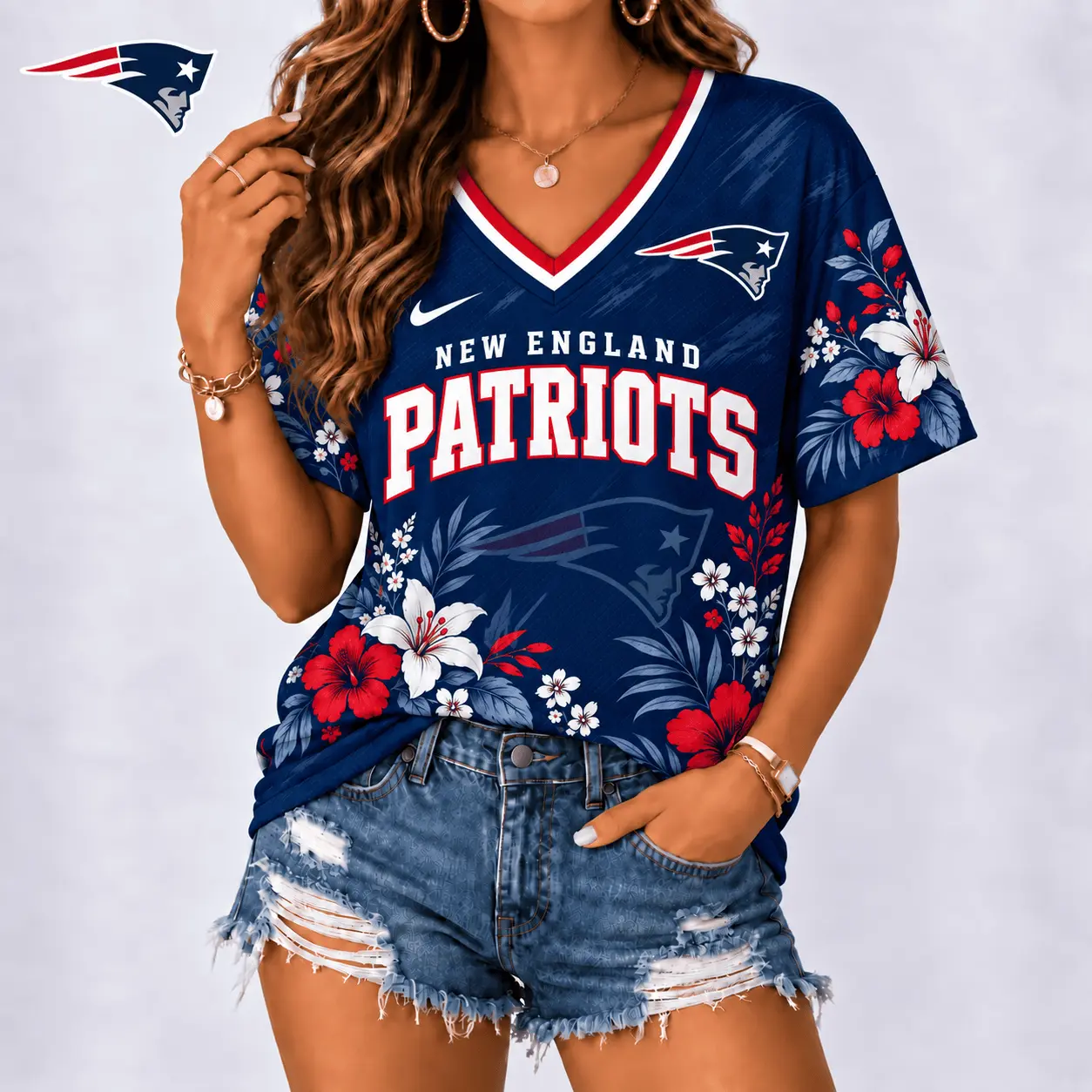 New England Patriots | Premium NFL Floral Spirit Game Ready V-Neck Shirt NY