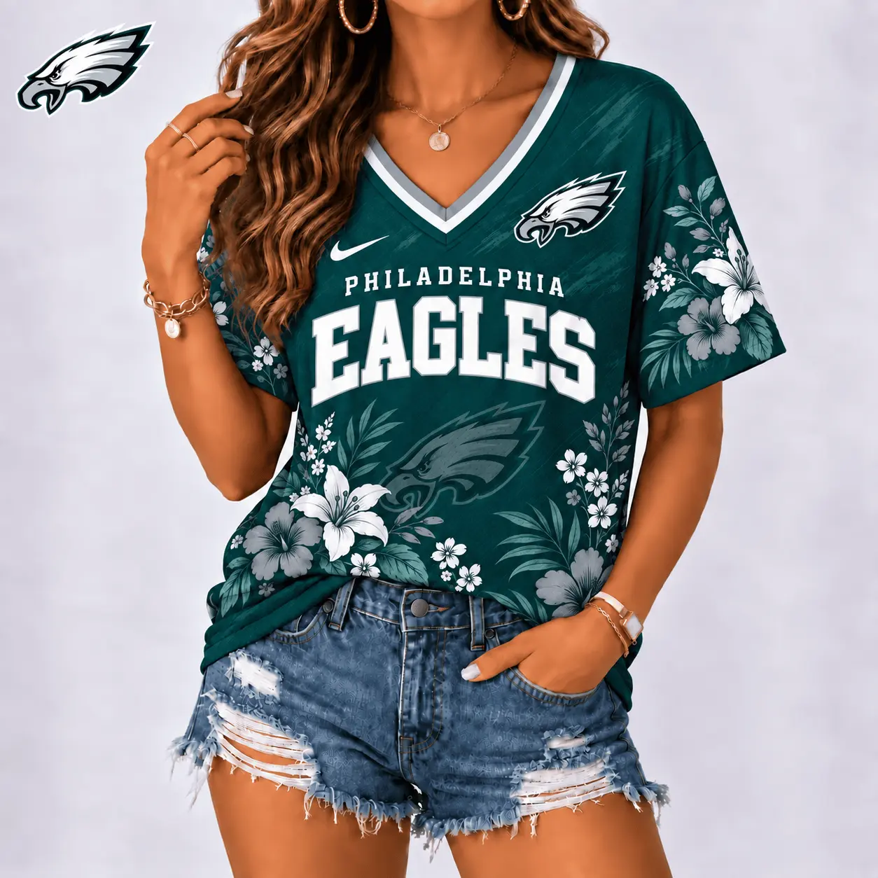 Philadelphia Eagles | Premium NFL Floral Spirit Game Ready V-Neck Shirt NY