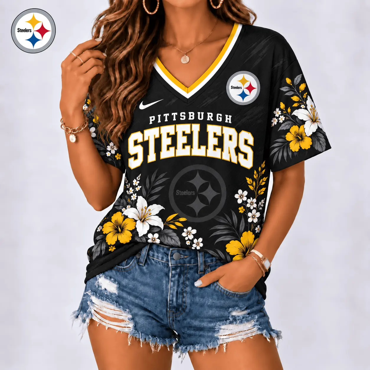 Pittsburgh Steelers | Premium NFL Floral Spirit Game Ready V-Neck Shirt NY