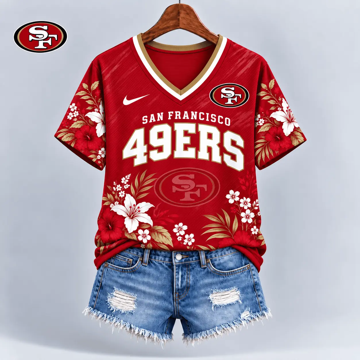San Francisco 49ers | Premium NFL Floral Spirit Game Ready V-Neck Shirt NY - Image 2