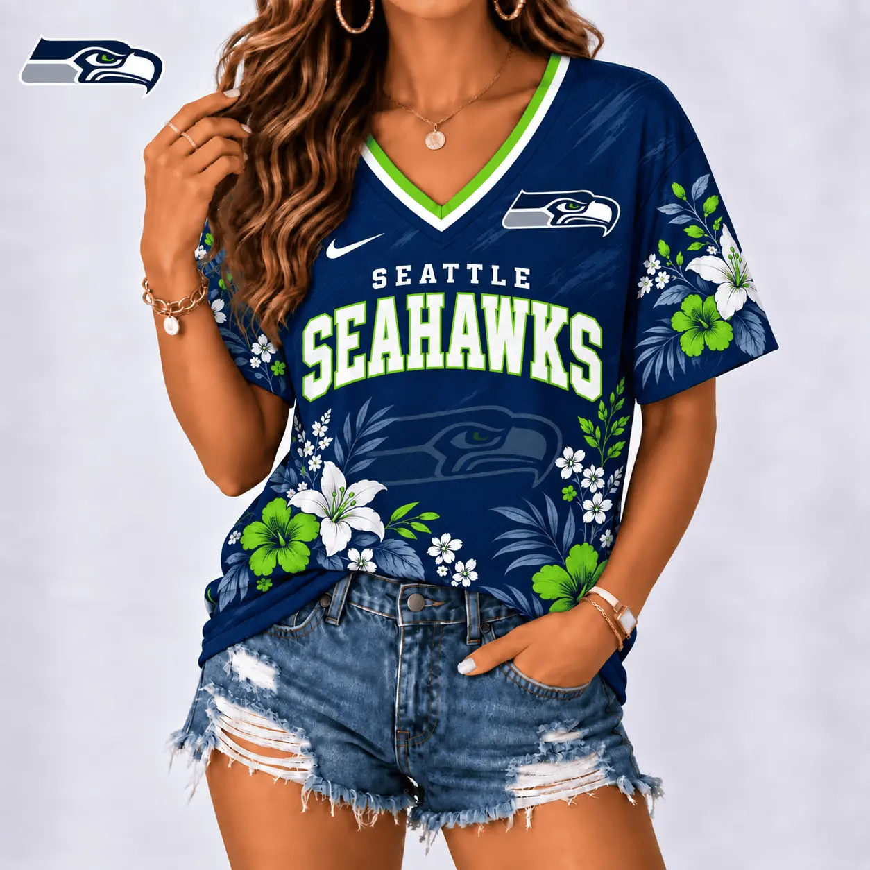 Seattle Seahawks | Premium NFL Floral Spirit Game Ready V-Neck Shirt NY