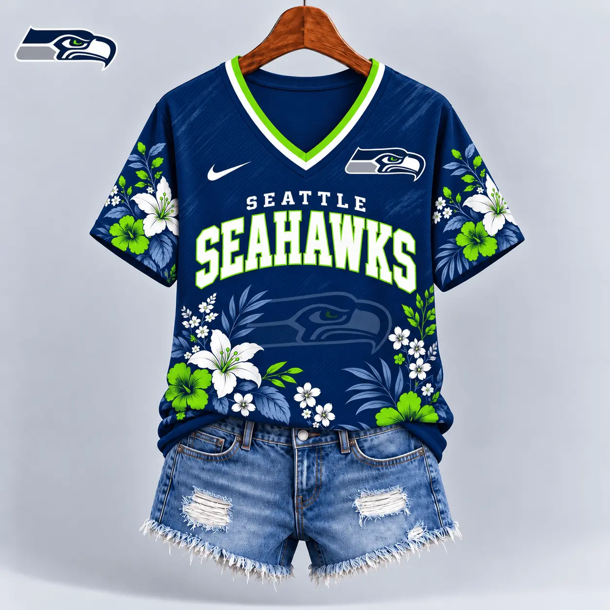 Seattle Seahawks | Premium NFL Floral Spirit Game Ready V-Neck Shirt NY - Image 2
