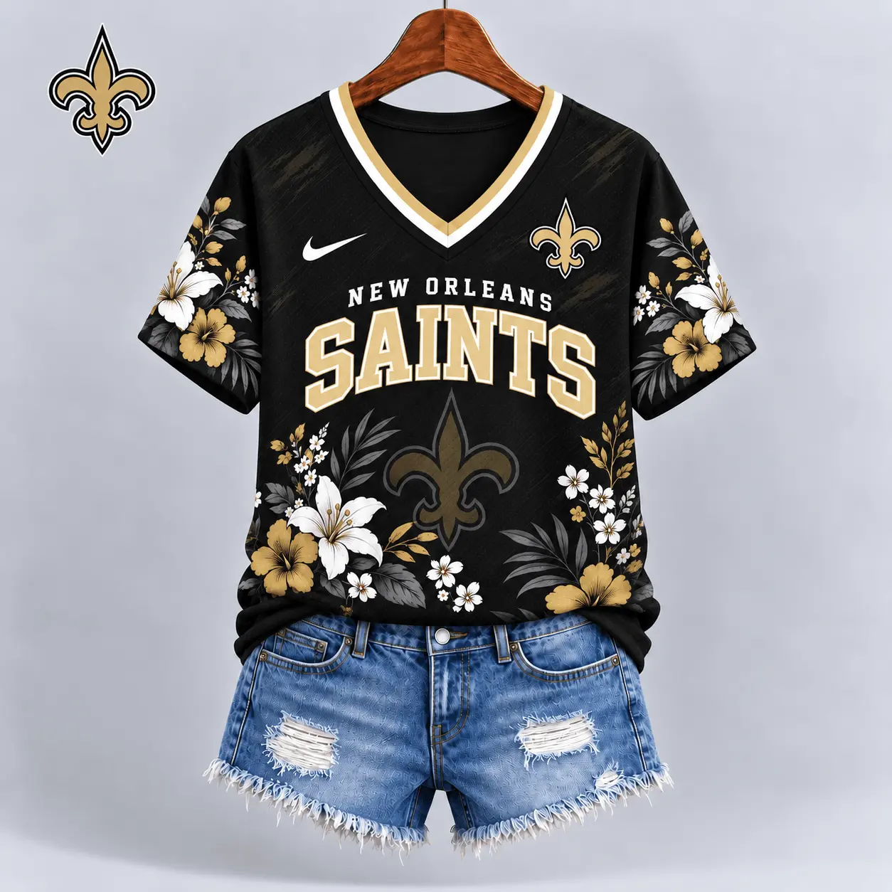 New Orleans Saints | Premium NFL Floral Spirit Game Ready V-Neck Shirt NY - Image 2