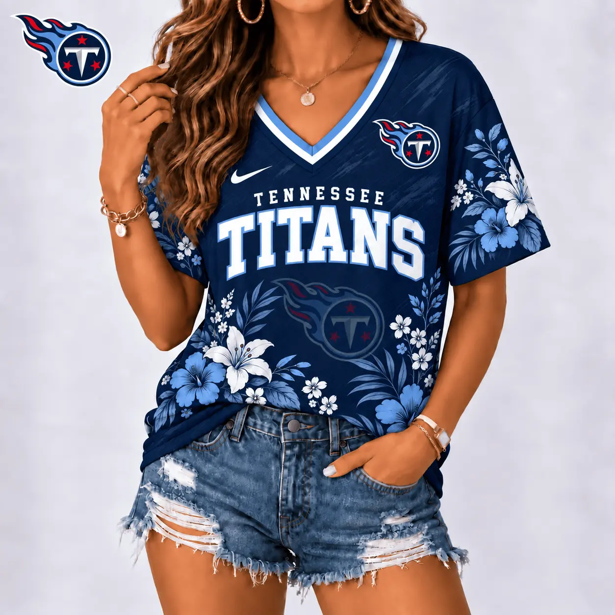 Tennessee Titans | Premium NFL Floral Spirit Game Ready V-Neck Shirt NY