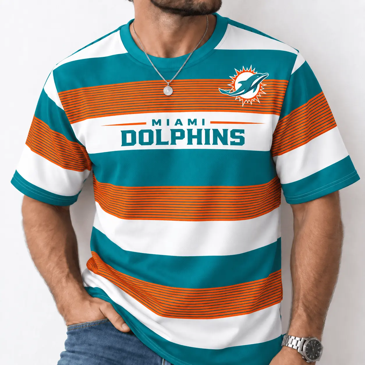 Miami Dolphins | Premium NFL Horizontal Rugby Stripe T-shirt NTD - Image 2