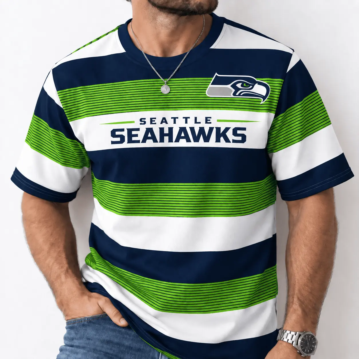 Seattle Seahawks | Premium NFL Horizontal Rugby Stripe T-shirt NTD - Image 2