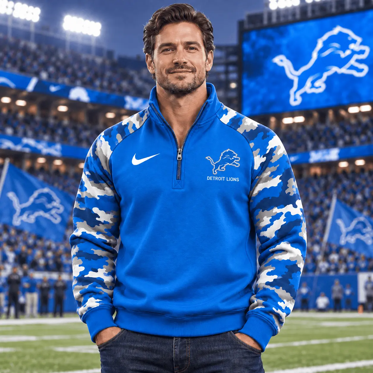 Detroit Lions | Premium NFL Camo Sleeve Quarter-Zip Sweatshirt TD - Image 2