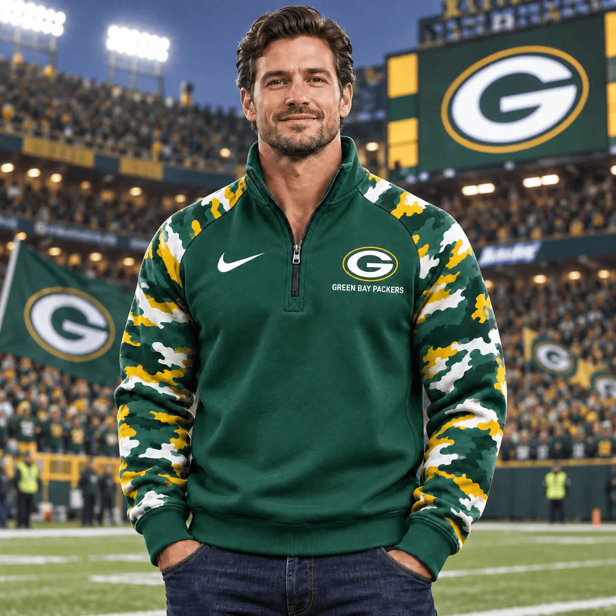 Green Bay Packers | Premium NFL Camo Sleeve Quarter-Zip Sweatshirt TD - Image 2