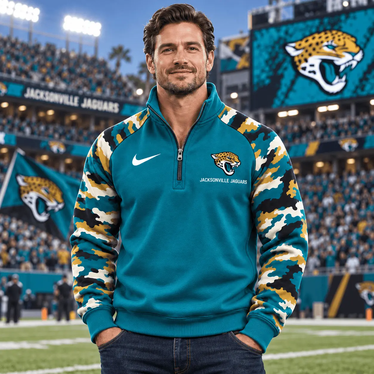 Jacksonville Jaguars | Premium NFL Camo Sleeve Quarter-Zip Sweatshirt TD - Image 2