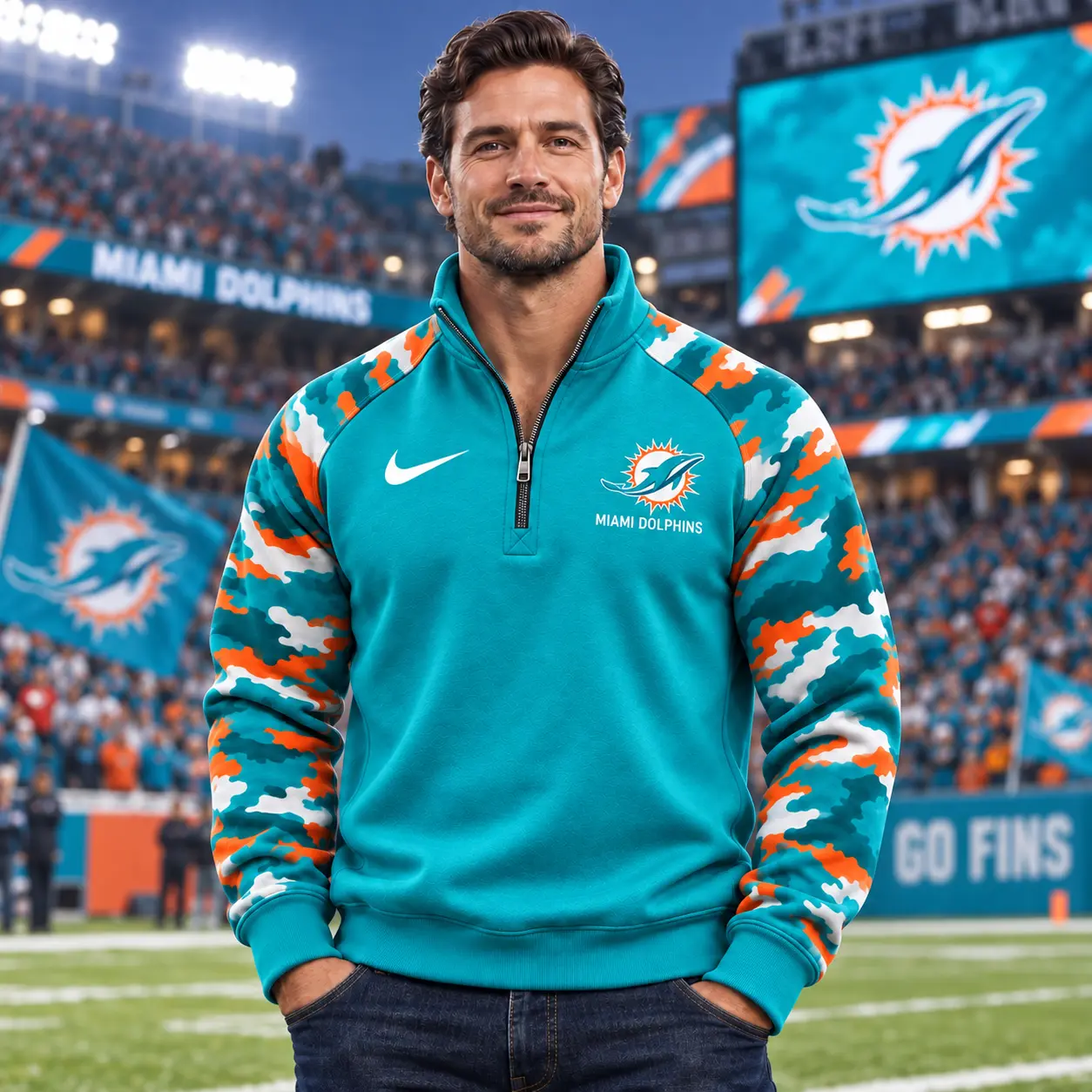 Miami Dolphins | Premium NFL Camo Sleeve Quarter-Zip Sweatshirt TD - Image 2