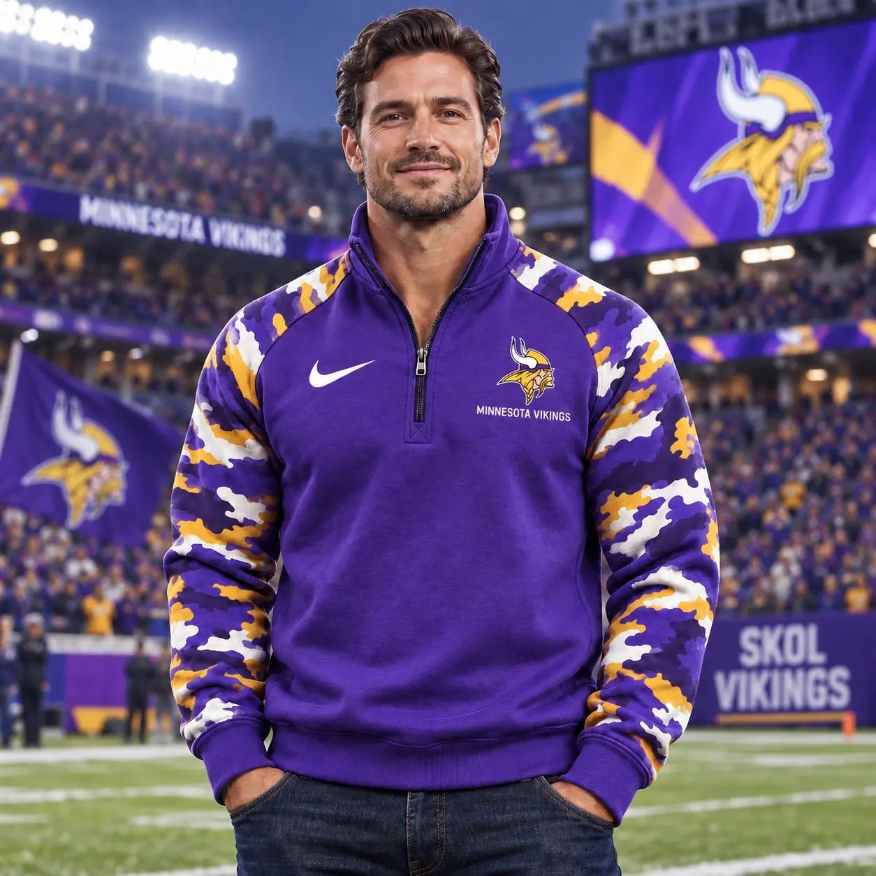 Minnesota Vikings | Premium NFL Camo Sleeve Quarter-Zip Sweatshirt TD - Image 2
