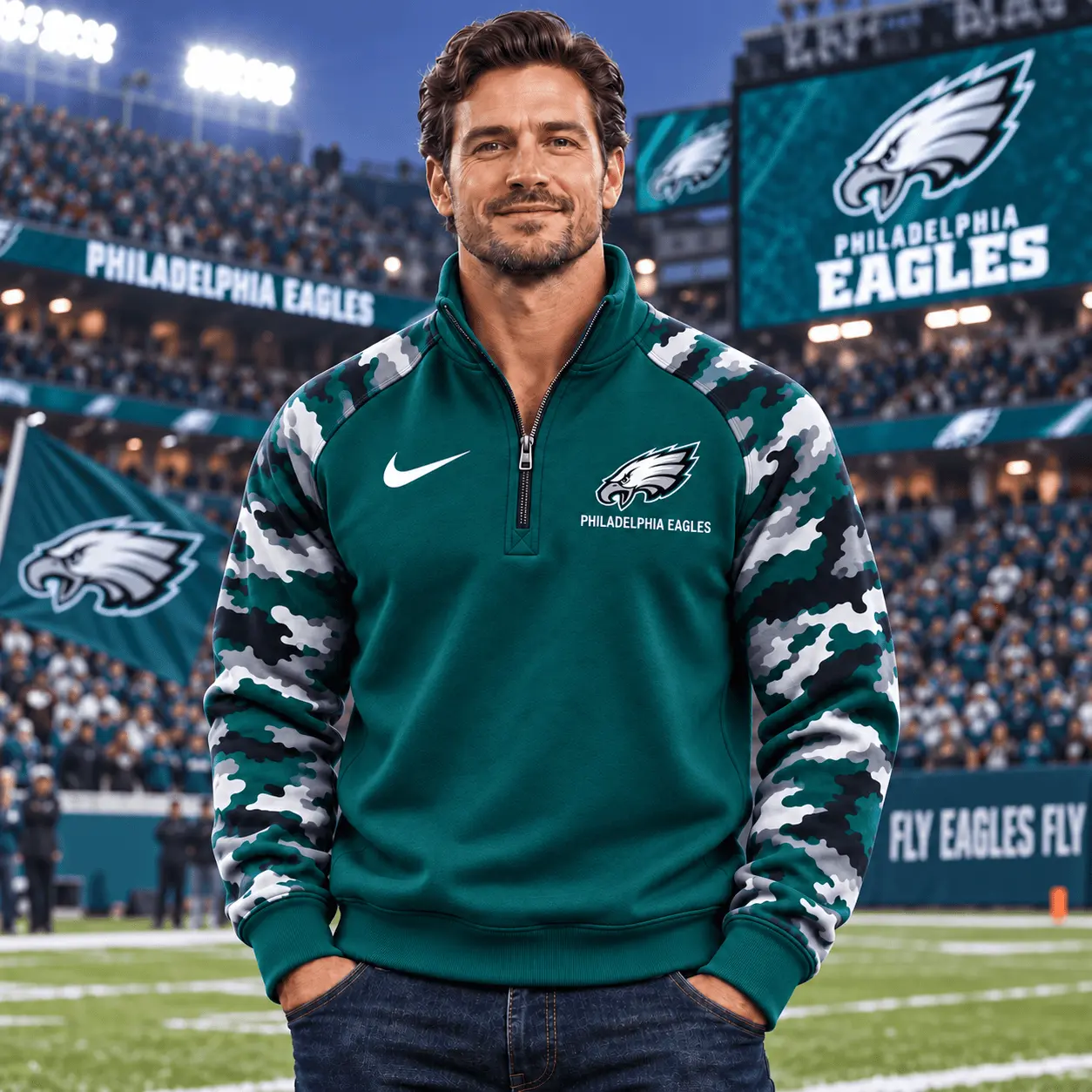 Philadelphia Eagles | Premium NFL Camo Sleeve Quarter-Zip Sweatshirt TD - Image 2