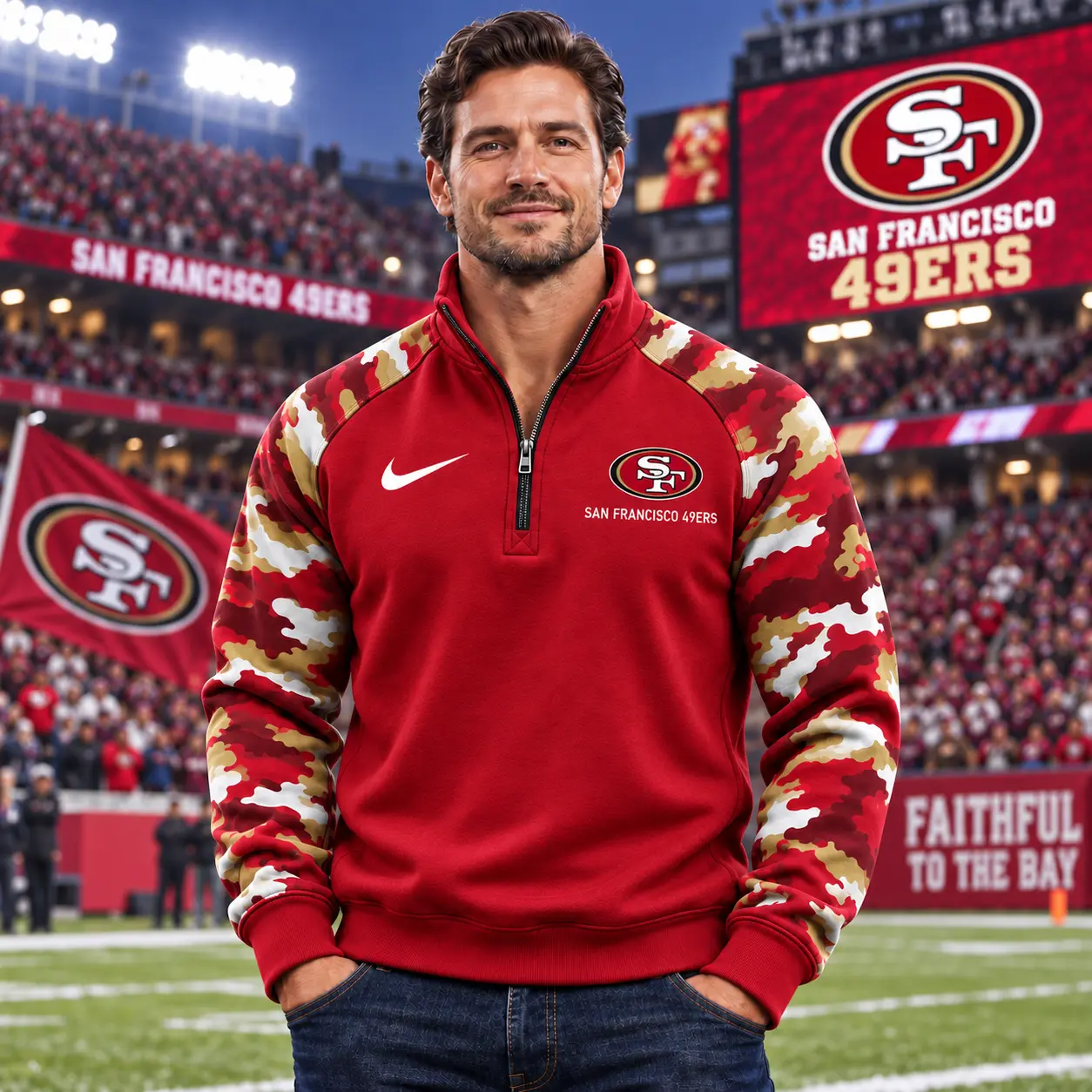 San Francisco 49ers | Premium NFL Camo Sleeve Quarter-Zip Sweatshirt TD - Image 2