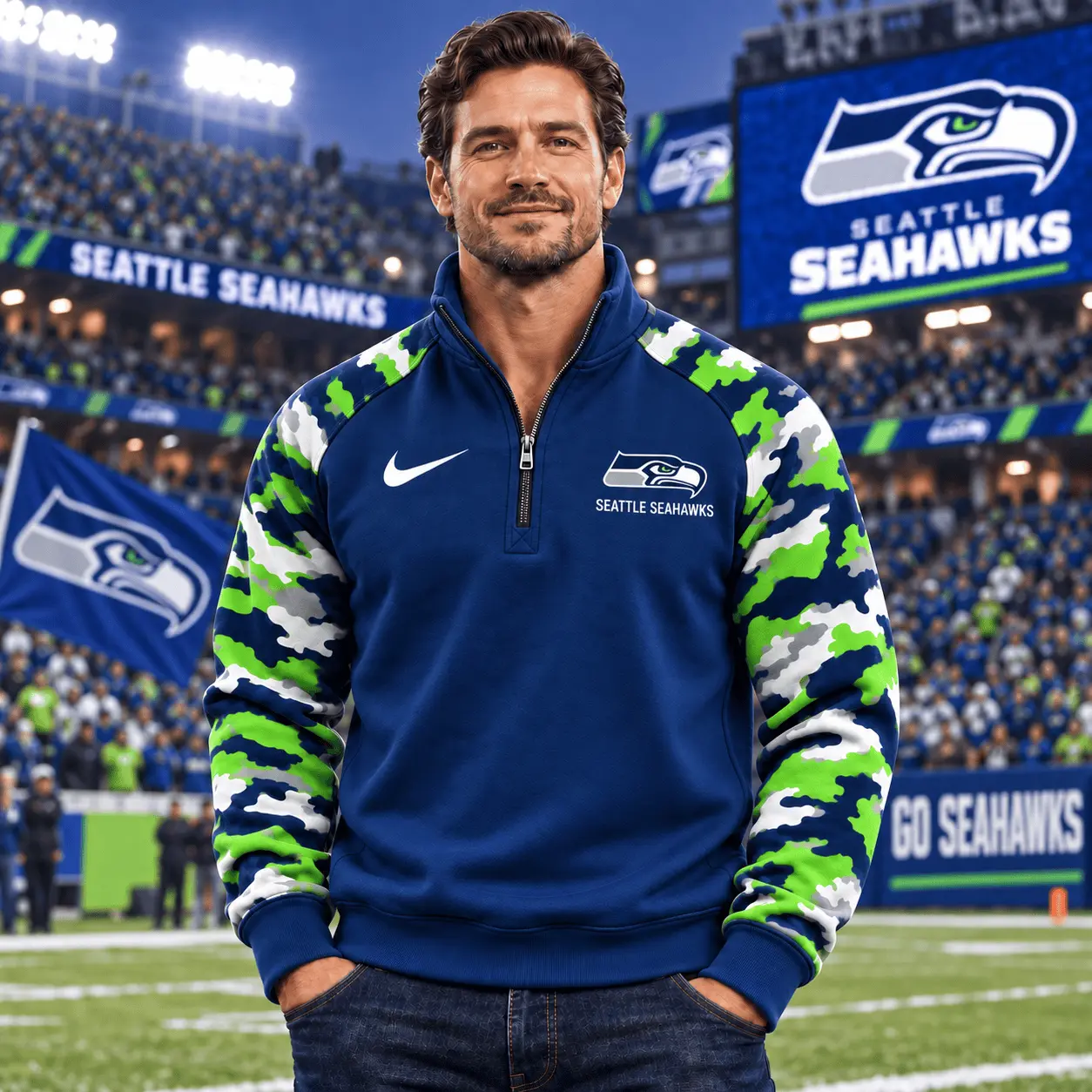 Seattle Seahawks | Premium NFL Camo Sleeve Quarter-Zip Sweatshirt TD - Image 2