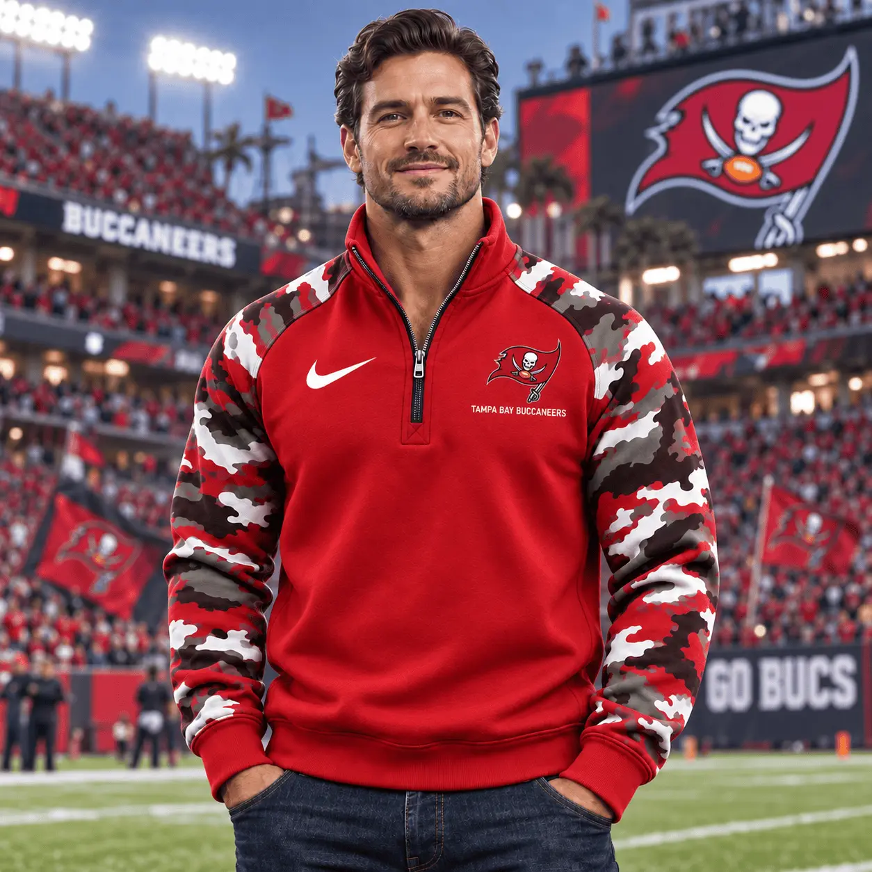 Tampa Bay Buccaneers | Premium NFL Camo Sleeve Quarter-Zip Sweatshirt TD - Image 2