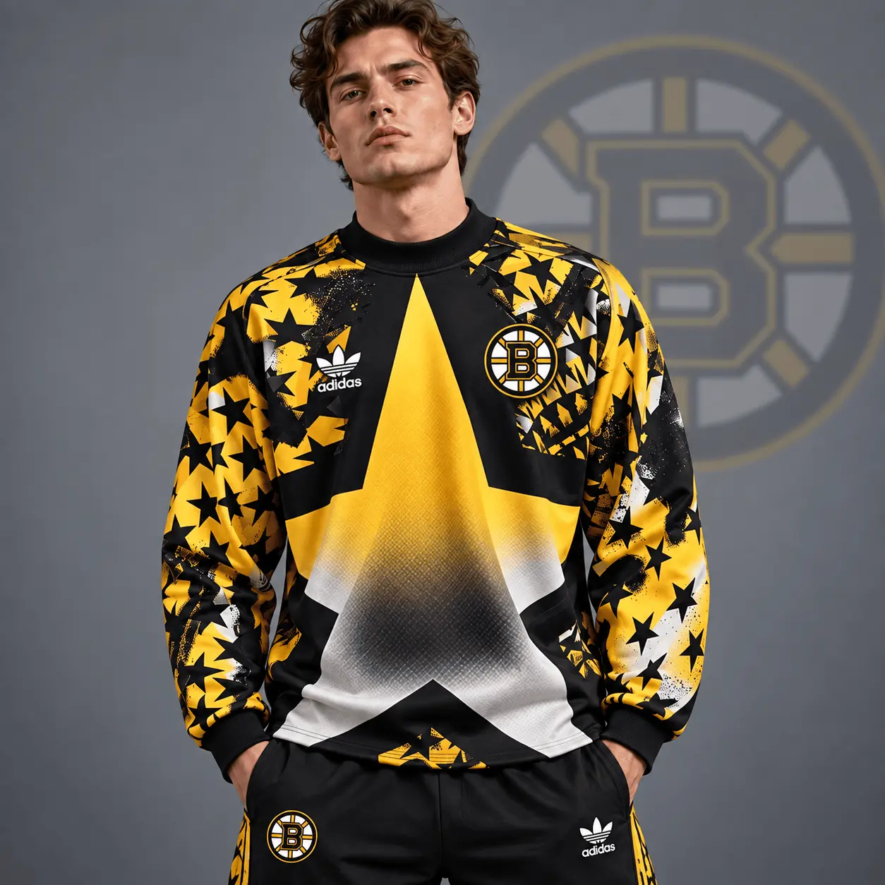 Boston Bruins | Premium NHL Retro Starburst All Over Print Crewneck Sweatshirt NDN