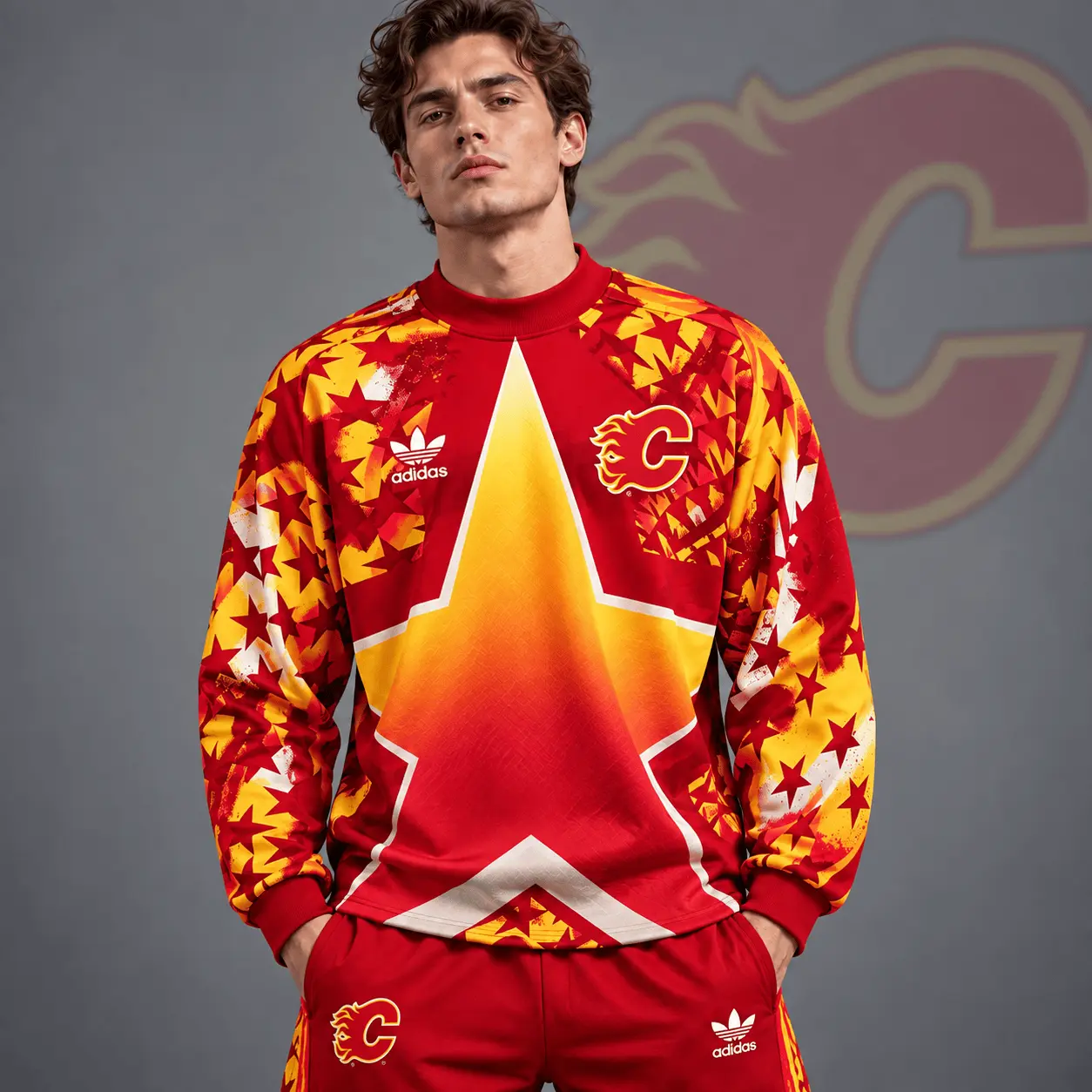 Calgary Flames | Premium NHL Retro Starburst All Over Print Crewneck Sweatshirt NDN