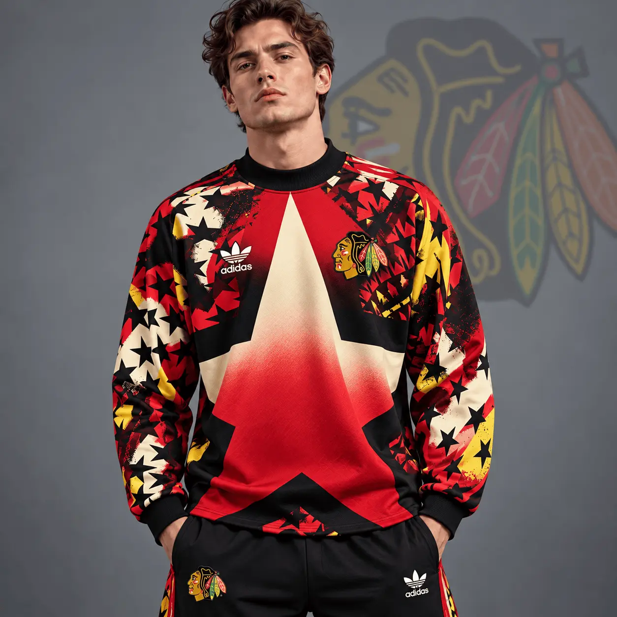 Chicago Blackhawks | Premium NHL Retro Starburst All Over Print Crewneck Sweatshirt NDN