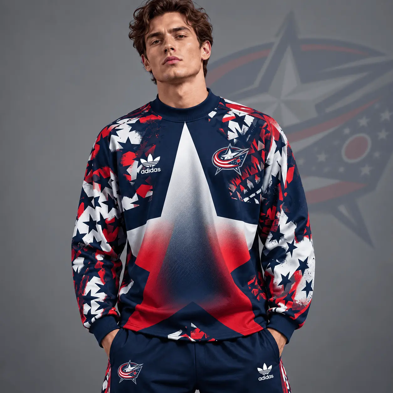 Columbus Blue Jackets | Premium NHL Retro Starburst All Over Print Crewneck Sweatshirt NDN