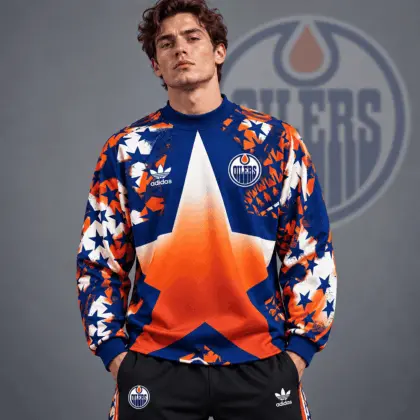 Edmonton Oilers | Premium NHL Retro Starburst All Over Print Crewneck Sweatshirt NDN