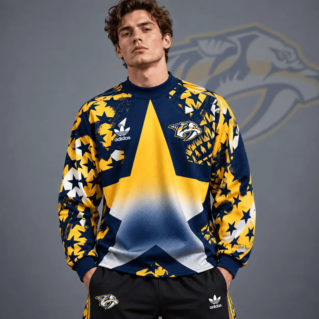 Nashville Predators | Premium NHL Retro Starburst All Over Print Crewneck Sweatshirt NDN