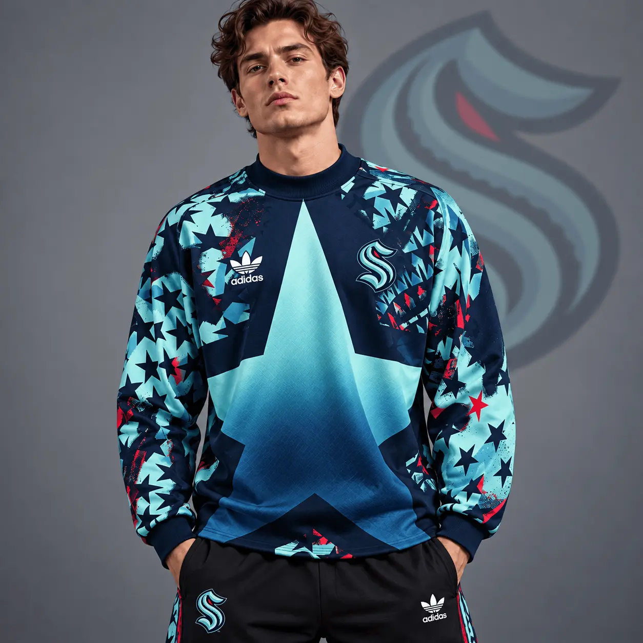 Seattle Kraken | Premium NHL Retro Starburst All Over Print Crewneck Sweatshirt NDN