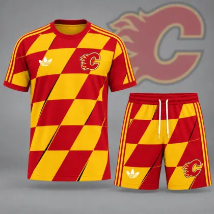 Calgary Flames | Premium NHL Geometric Colorblock T-Shirt & Shorts Set NDN