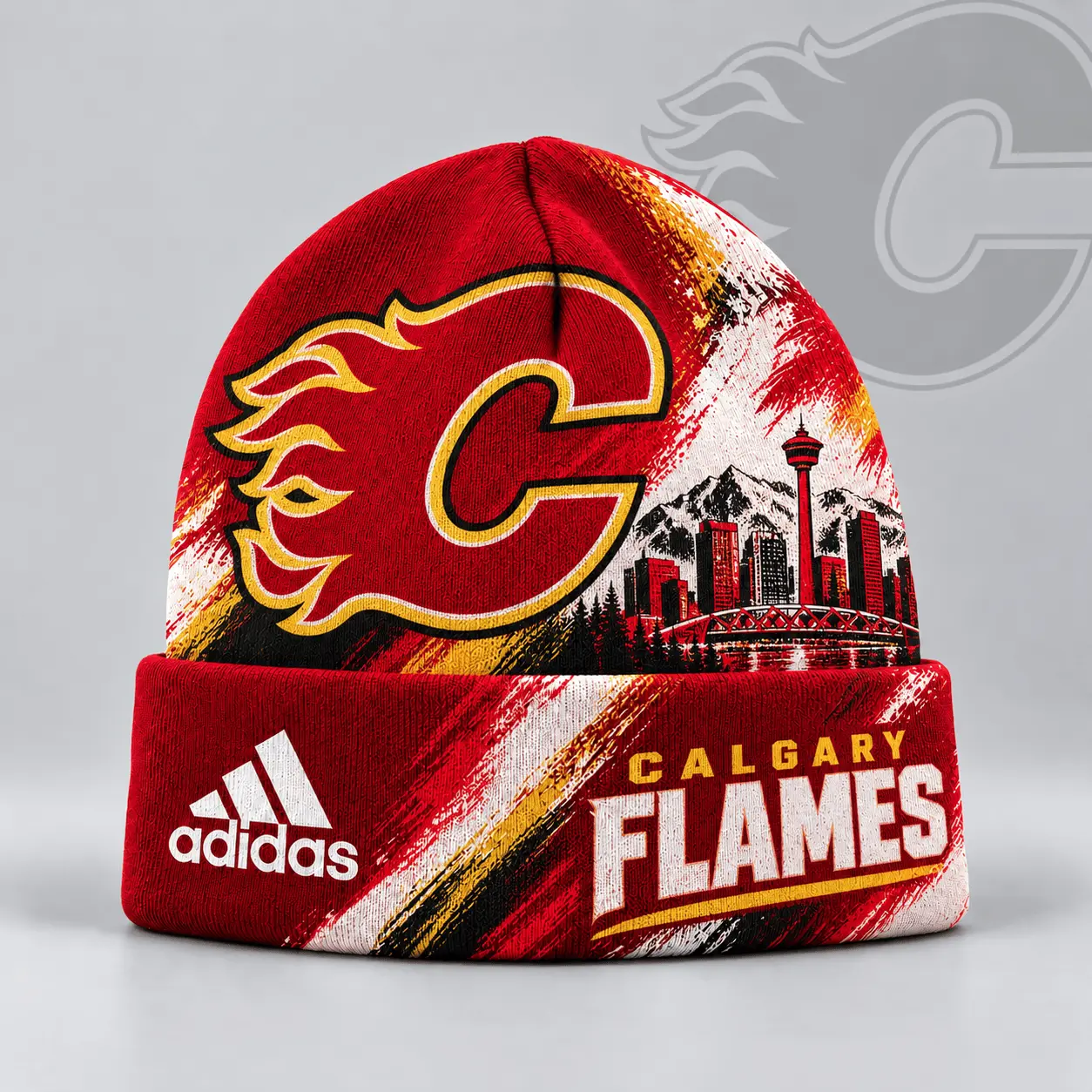 Calgary Flames | Premium NHL Distressed Cityscape Logo Knit Beanie NDN