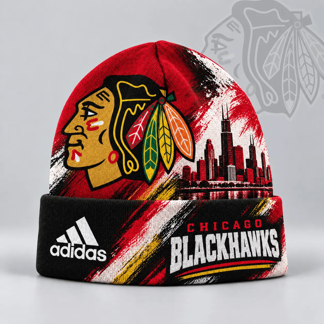 Chicago Blackhawks | Premium NHL Distressed Cityscape Logo Knit Beanie NDN