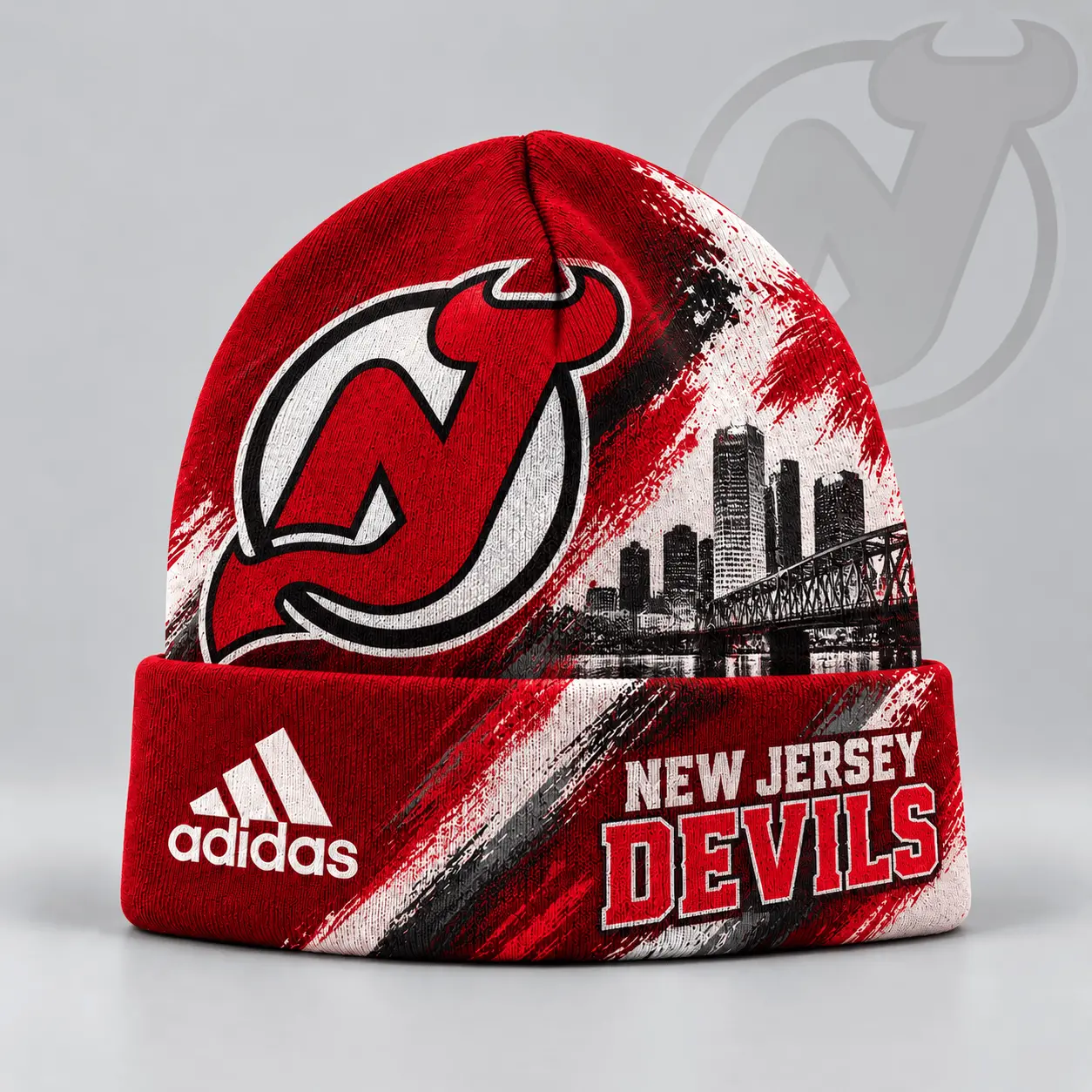 New Jersey Devils | Premium NHL Distressed Cityscape Logo Knit Beanie NDN