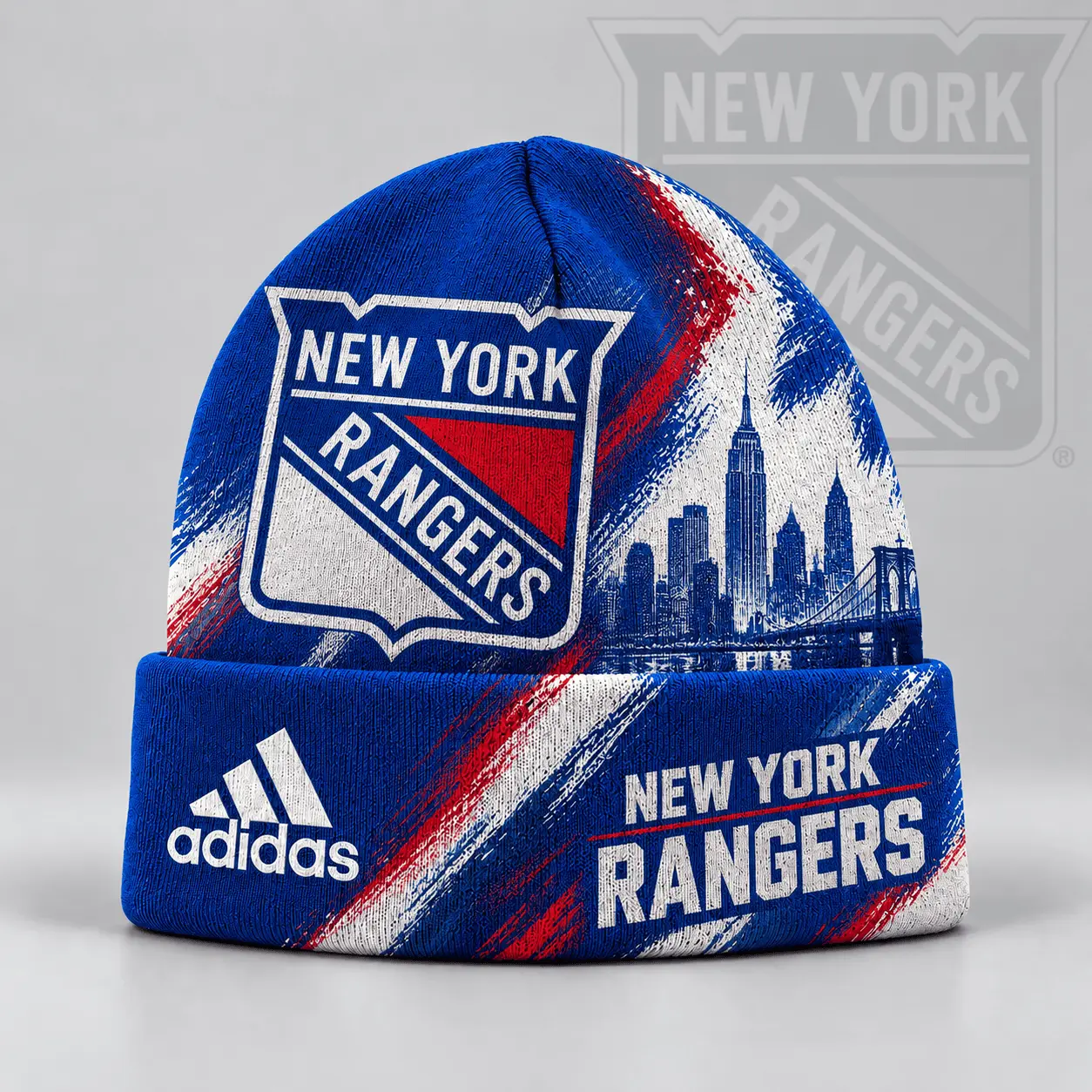New York Rangers | Premium NHL Distressed Cityscape Logo Knit Beanie NDN
