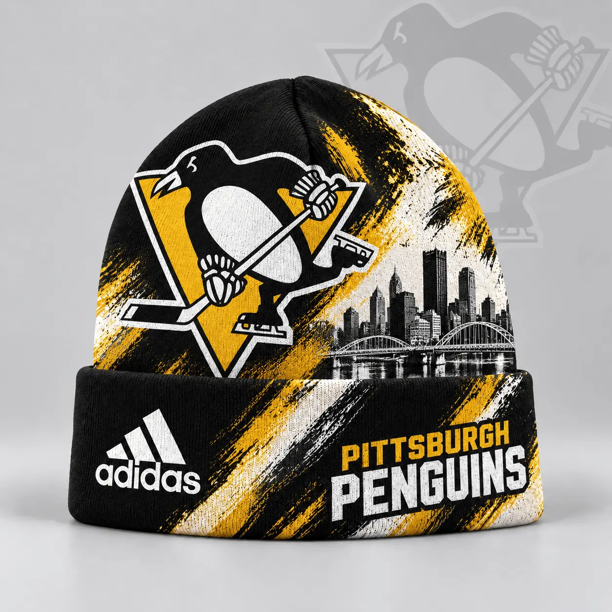 Pittsburgh Penguins | Premium NHL Distressed Cityscape Logo Knit Beanie NDN