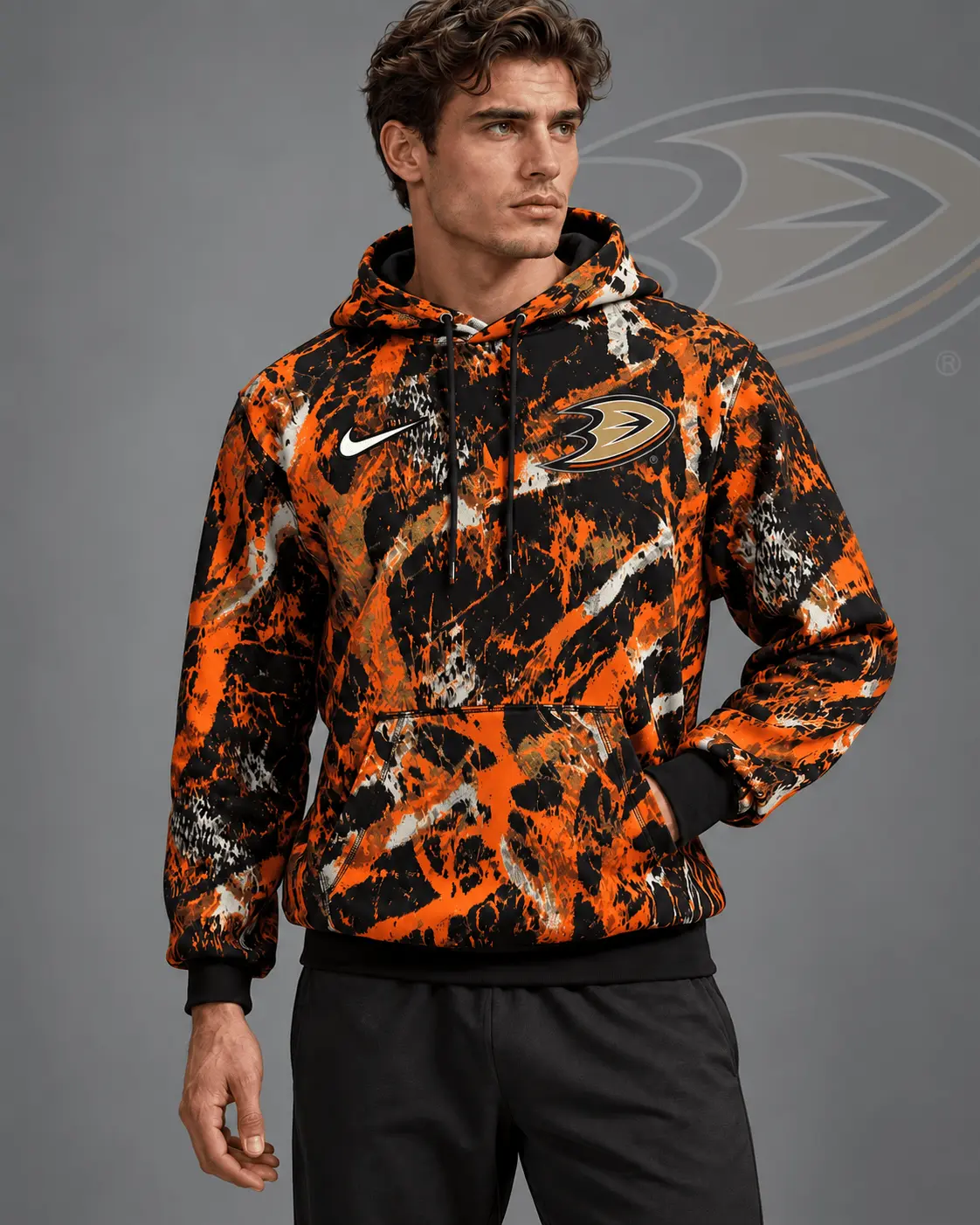 Anaheim Ducks | Premium NHL Abstract Camo All Over Print Pullover Hoodie NDN