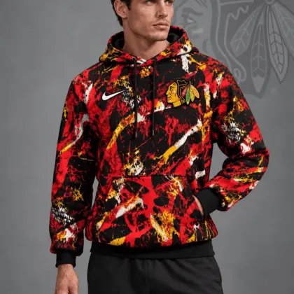 Chicago Blackhawks | Premium NHL Abstract Camo All Over Print Pullover Hoodie NDN